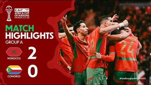 Maroc - Comores résumé vidéo du match de la CAN 2025. Victoire des Lions de l'Atlas (2 - 0)