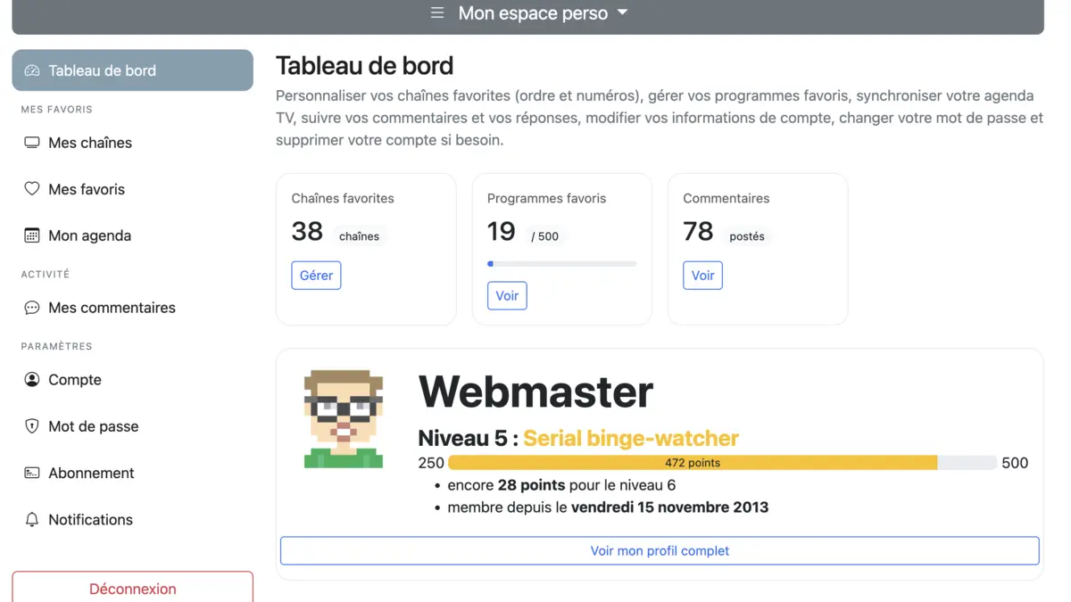 Nouveau tableau de bord TV-Programme.com : favoris, agenda, comptes et notifications