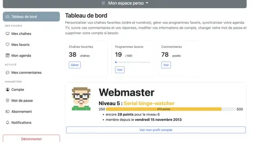 Nouveau tableau de bord TV-Programme.com : favoris, agenda, comptes et notifications