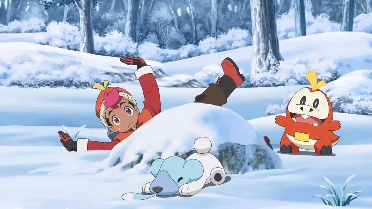 Pokémon : Les Horizons S27E15 Rhod et Chochodile découvrent la neige