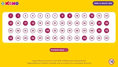 Tirage Keno du 16 Juillet 2026 - Résultat officiel - FDJ