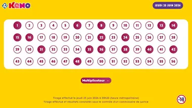 Tirage Keno du 25 Juin 2026 - Résultat officiel - FDJ