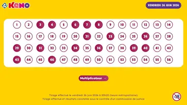 Tirage Keno du 26 Juin 2026 - Résultat officiel - FDJ