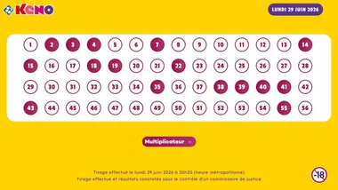 Tirage Keno du 29 Juin 2026 - Résultat officiel - FDJ