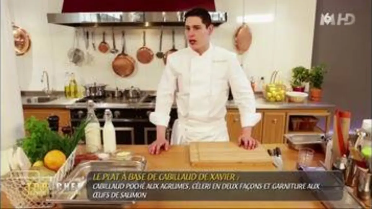 replay de Top Chef : Le cabillaud poché aux agrumes, garniture aux oeufs de Xavier Koenig