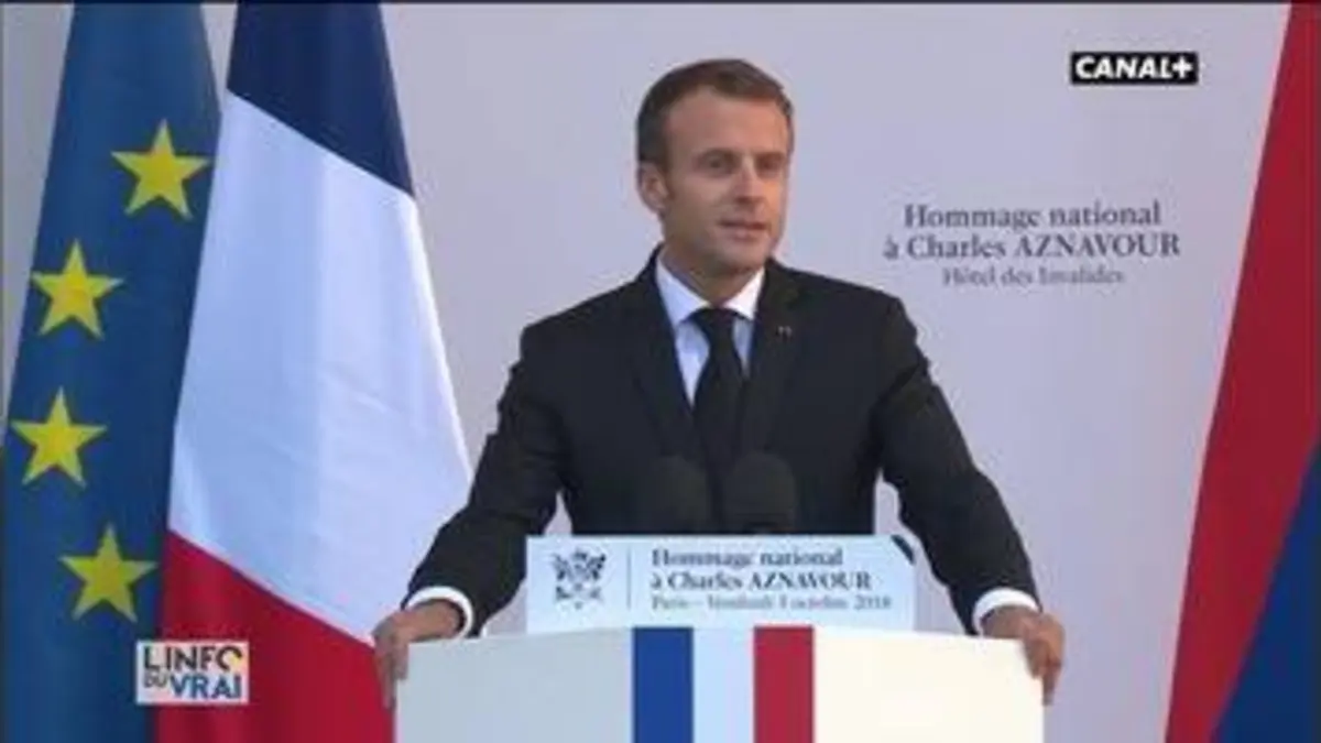replay de Discours poignant d'Emmanuel Macron à l'hommage national de Charles Aznavour - L'info du vrai du 05/10 - CANAL+